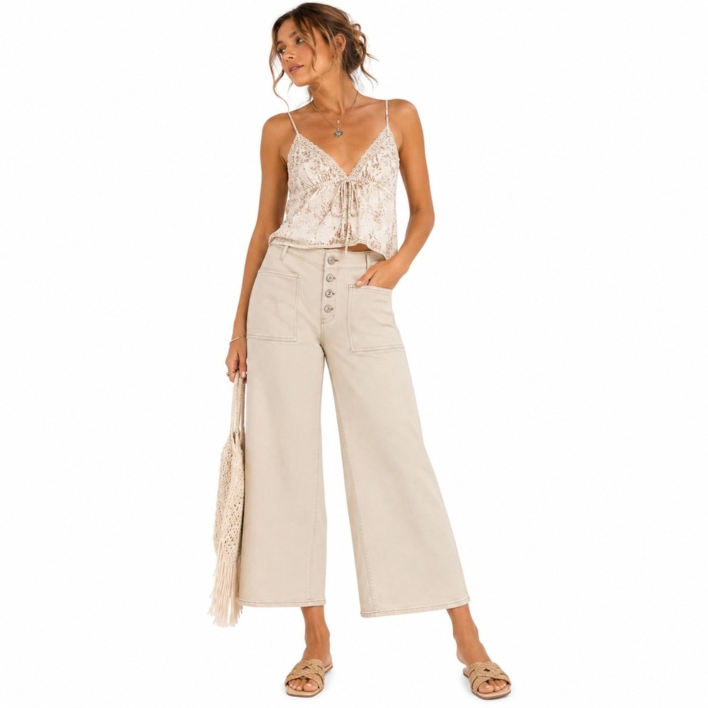 Spartina 449 Blanche Wide Leg Jeans Womens 10 Beige High Rise Button Fly Crop